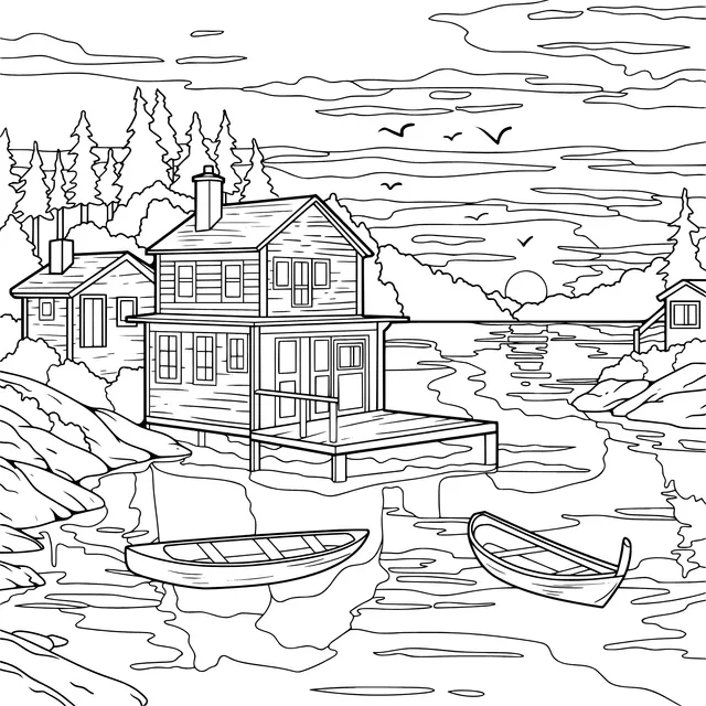 Cottages and Boats by the Lake at Sunset