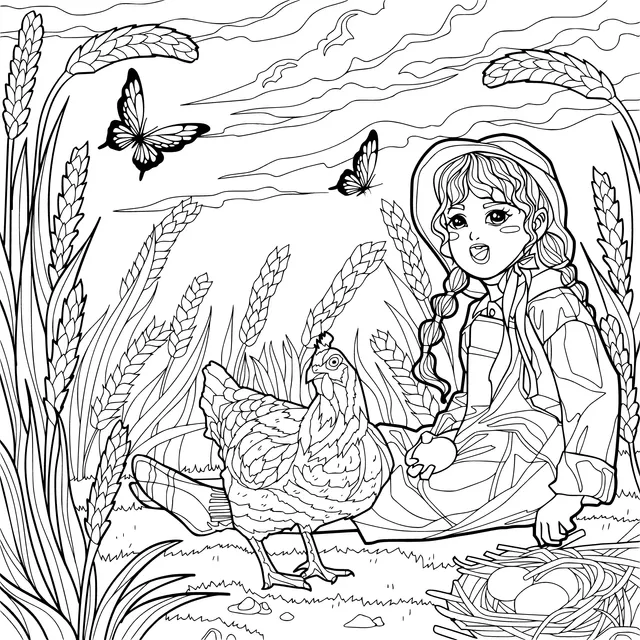 Girl and Hen in the Field