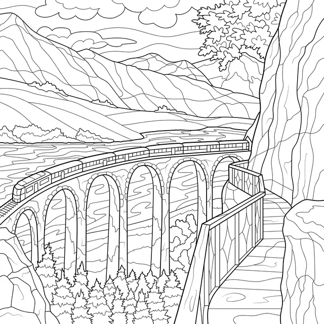Train Running on a Bridge in the Mountains