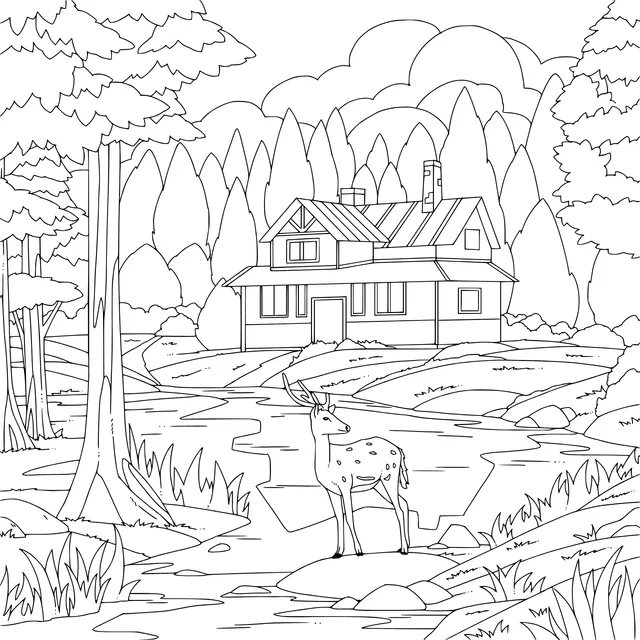 Forest Cottage and Fawn by the Stream