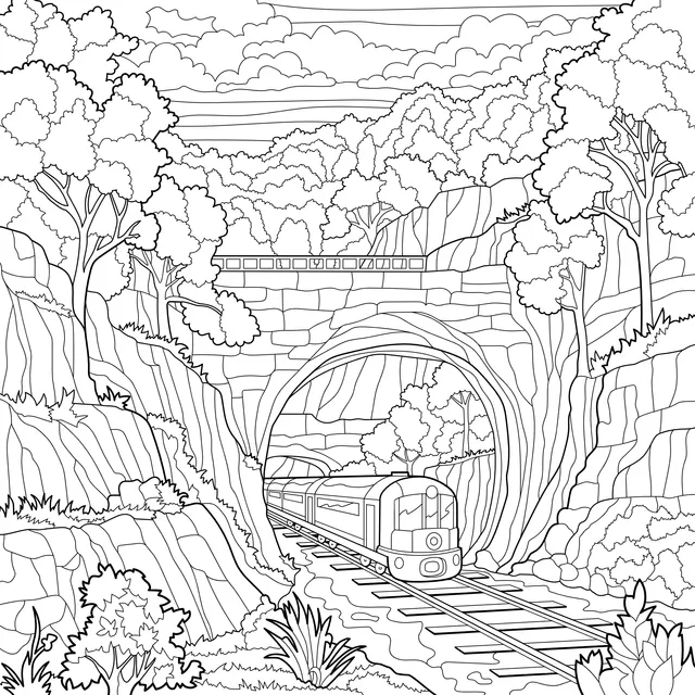 Train passing through a mountain - forest tunnel