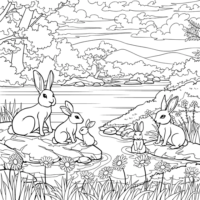A Rabbit Family by the River
