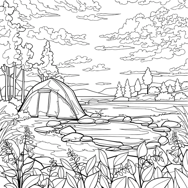 Beautiful Camping Scene by the Lake