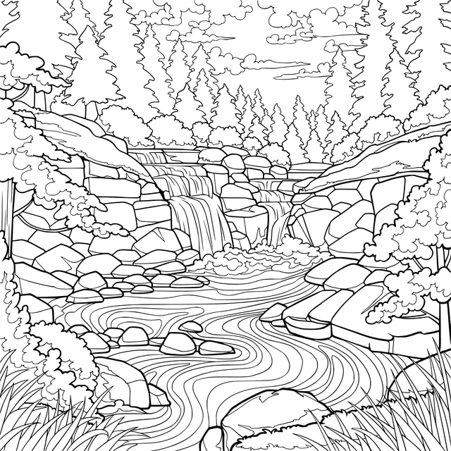Waterfall and Stream in the Mountain Forest