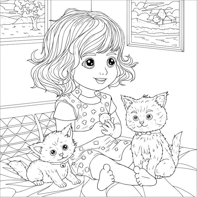 Girl and Two Cats