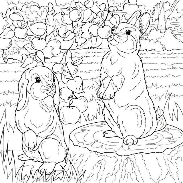 Two Rabbits beside the Stump