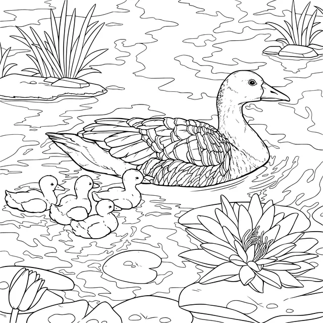 Mother duck and ducklings in the pond