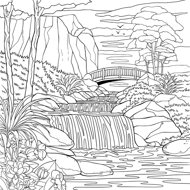 Beautiful scenery of a small bridge and flowing water in the mountains and rivers