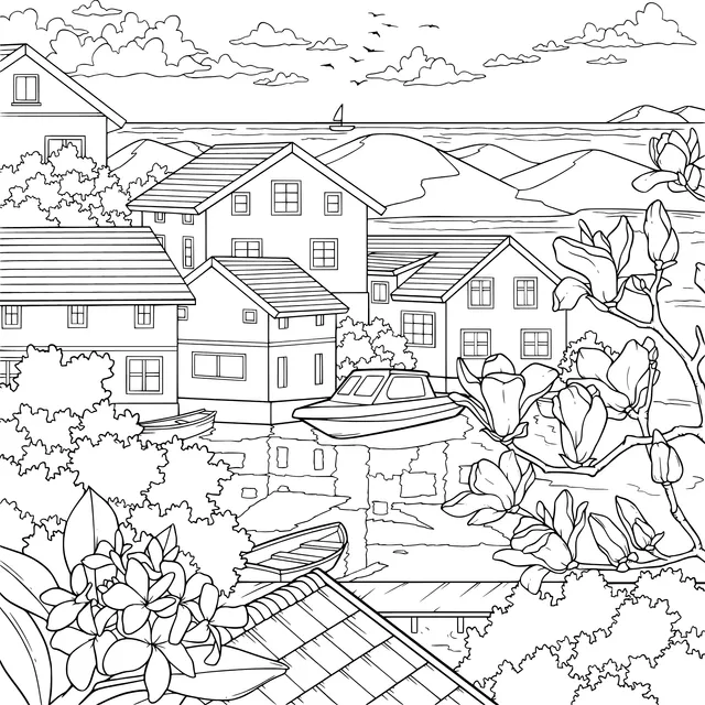 Residential Scenery by the Lakeside with Blooming Flowers