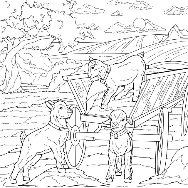 Little Goats and a Wooden Cart in the Field
