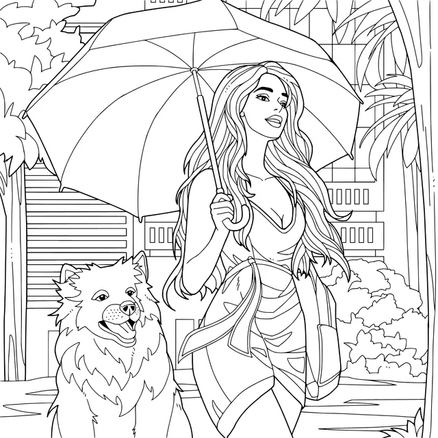 Woman walking a dog with an umbrella