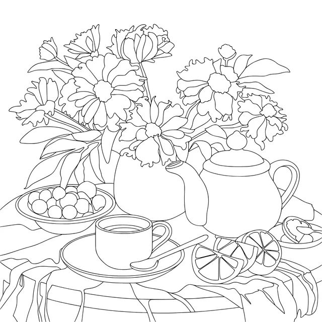 Still - life of Flowers and Tea Sets