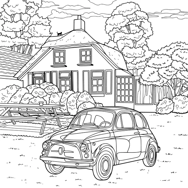 A Red Car beside a Country Cottage