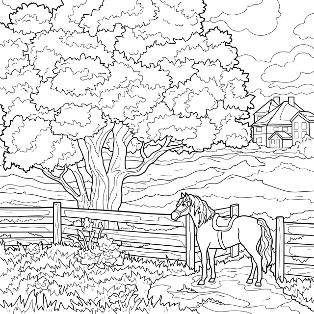 A Horse and a Big Tree in the Countryside