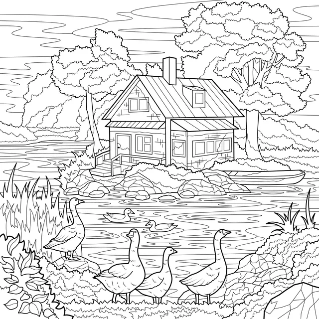 Cottage by the Lake and Flock of Geese