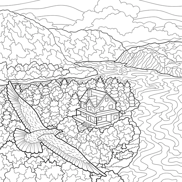 Autumn Lakeside Cottage and Flying Bird