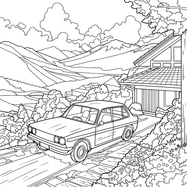 Blue car beside a mountain - side cottage