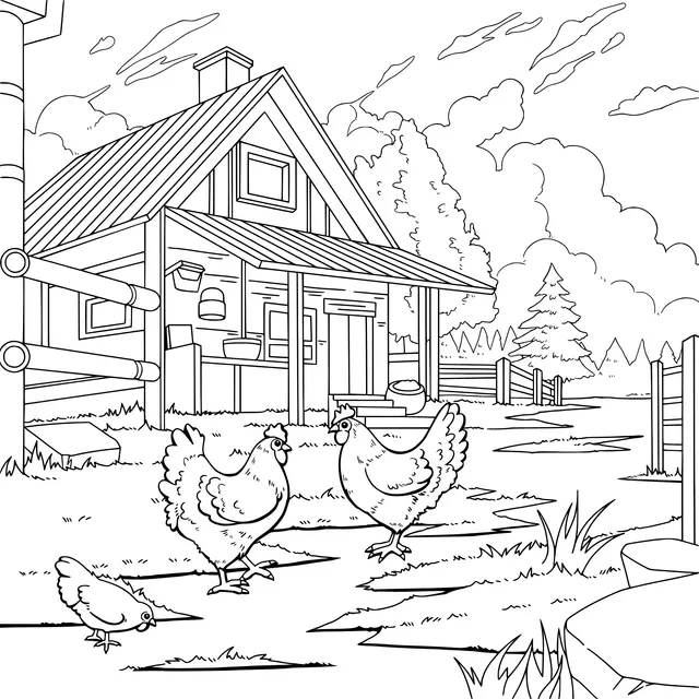 Chickens in Front of a Farmhouse