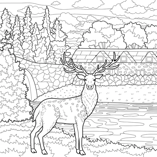 Stag by the Riverside and Rural Scenery