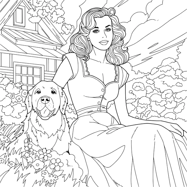 A Lady in a Pink Dress and a Golden Retriever