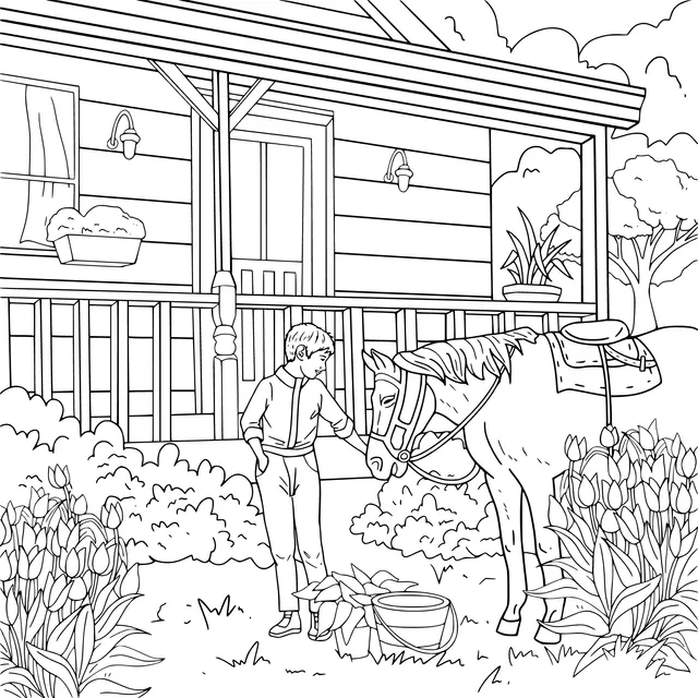A person interacting with a horse in front of a wooden house