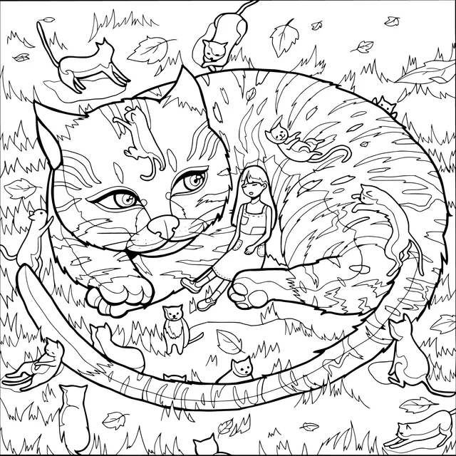 A Girl's Relaxing Time with a Group of Cats