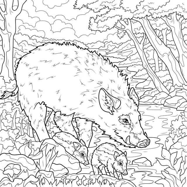 A Wild Boar Family by the Stream