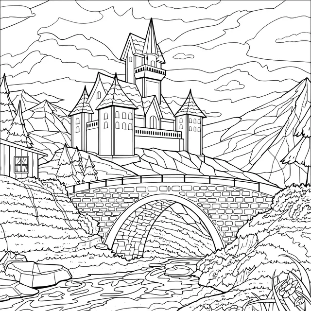 Scenery of Castle and Stone Bridge in the Mountains