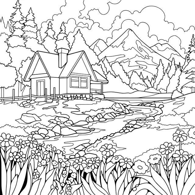 Beautiful Scenery of a Mountain Cabin and Stream