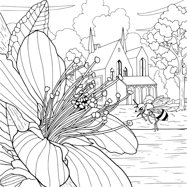 Flower, Bee by the River and Distant House
