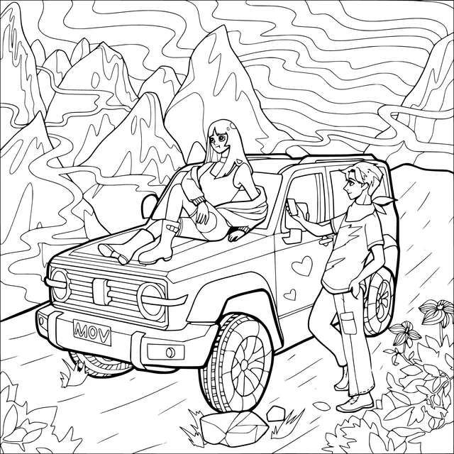 Romantic Moment on an Off - road Vehicle in the Mountains