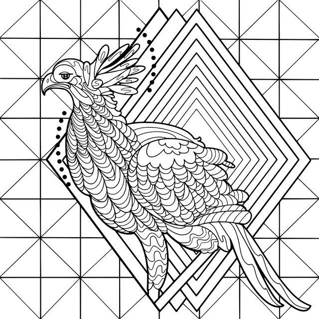 Color - Plumed Bird on Geometric Pattern Background