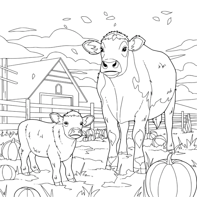 Cow and Calf on the Farm in Autumn