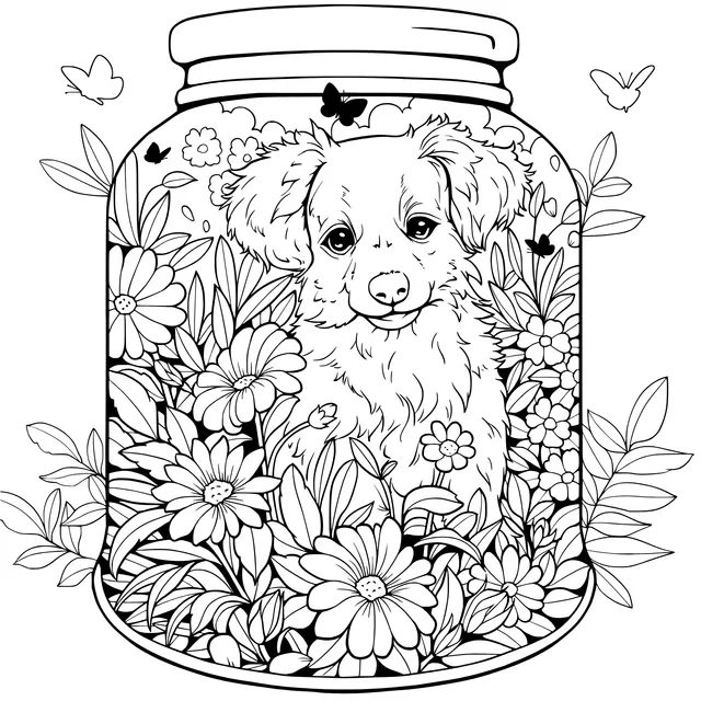 Adorable Dog in a Jar with Flowers