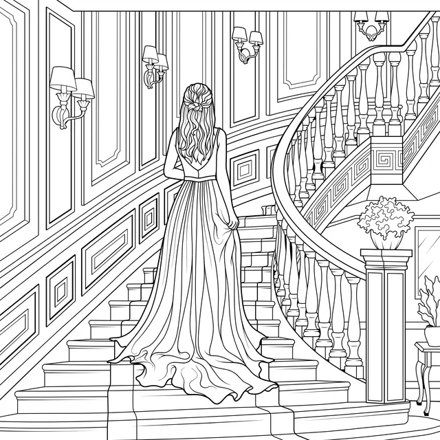Woman in a blue dress ascending the stairs