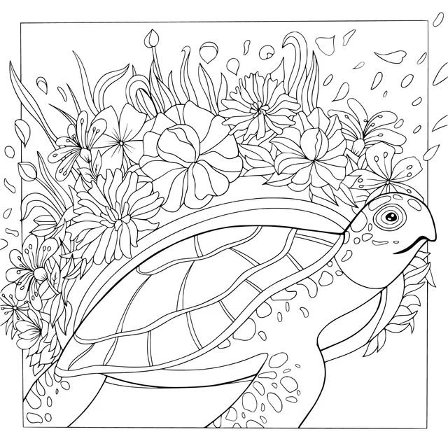 Turtle Surrounded by Flowers