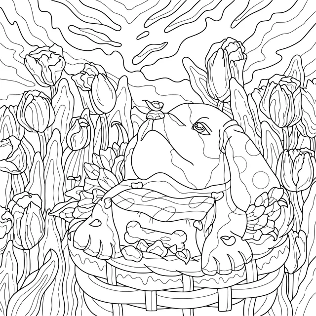 A resting puppy in a basket amidst flowers