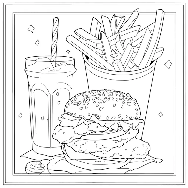 Hamburger, French Fries and Beverage