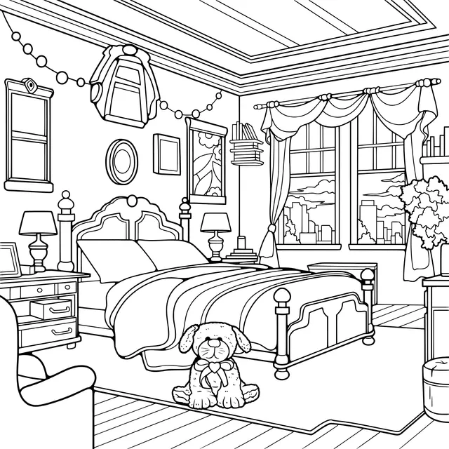 Cozy Bedroom with a Cute Puppy