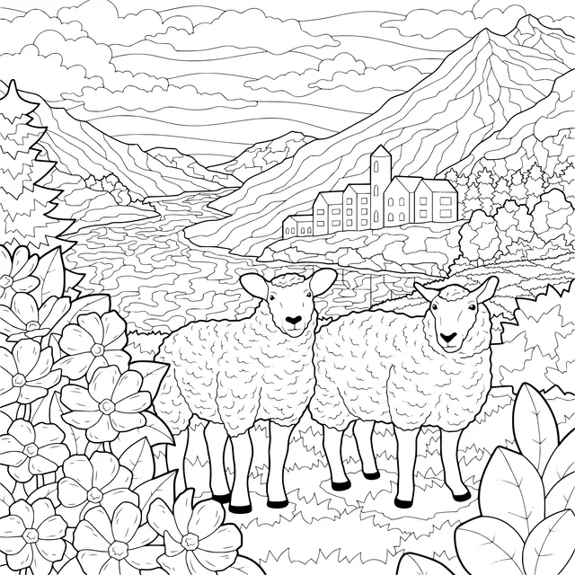 Two Sheep in a Mountain Flower - field