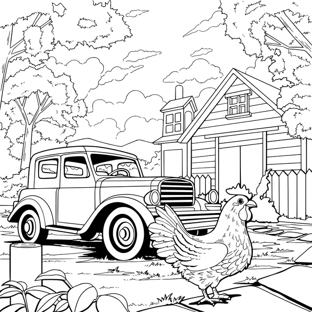 Car and Chicken beside a Country Cottage