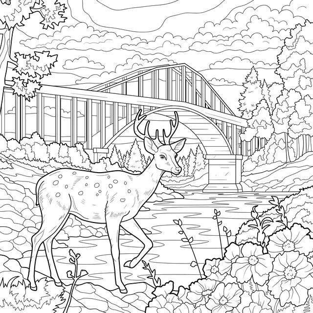 Deer by the River and Bridge Scene