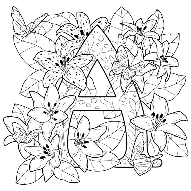 Letter A Surrounded by Flowers and Butterflies