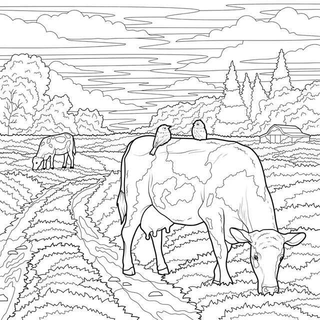 Pastoral Idyll: A Harmonious Scene of Cows and Birds