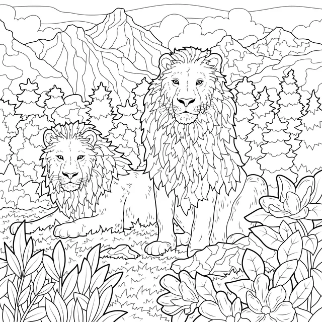 Two Lions in the Mountain Forest
