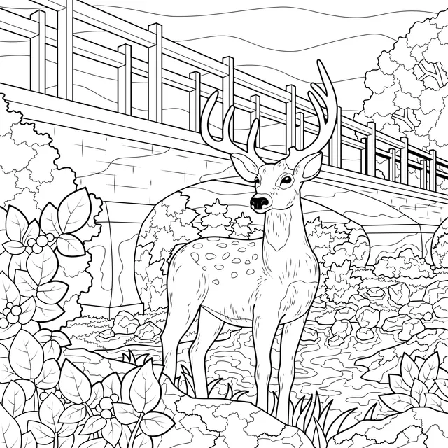 Deer by the Stream and Bridge