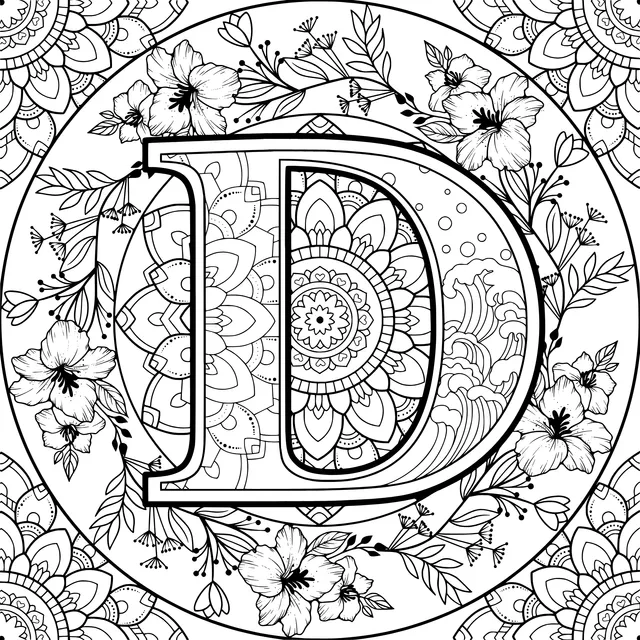 D - letter mandala pattern surrounded by flowers