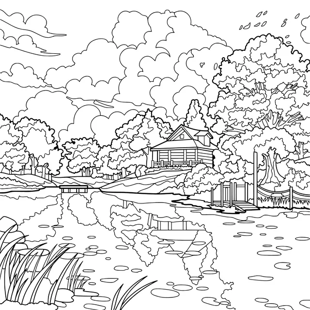 Beautiful Scenery of a Lakeside Cottage in Autumn