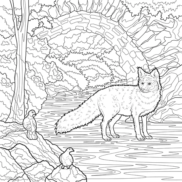 Fox and Birds by the Stream