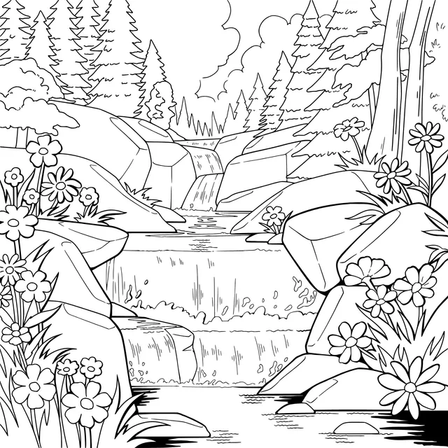 Mountain Waterfall Surrounded by Flowers